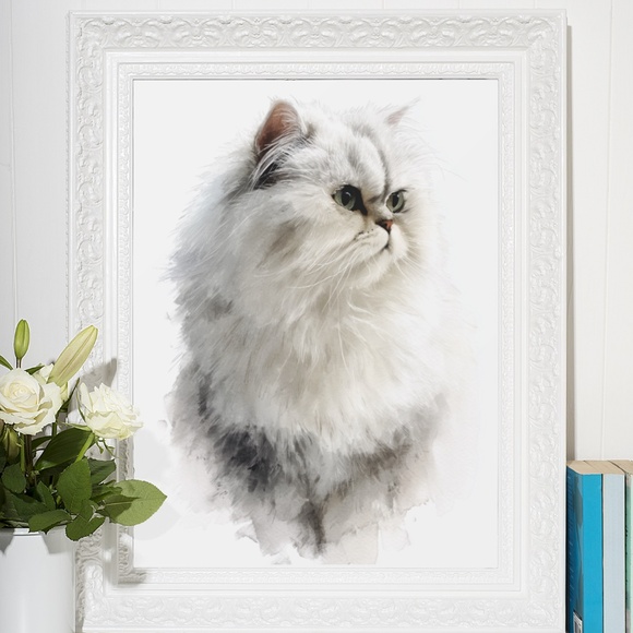 Watercolor White Persian Cat Portrait Wall Art Print Poster, Unframed - Picture 6 of 6